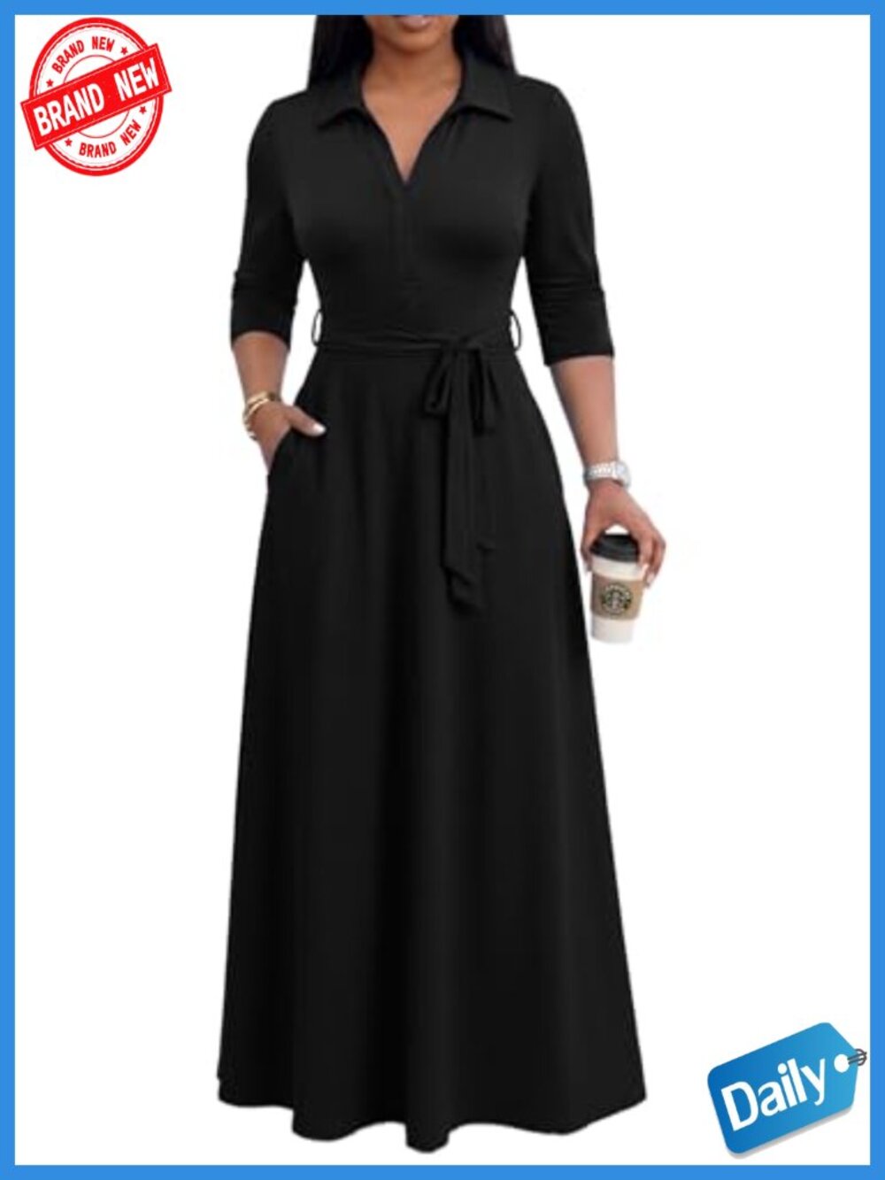 Maxi Dresses for Women Casual V Neck 3/4 Sleeve Long Church Dress Semi Formal